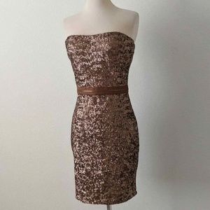 Dress The Population Sequin Embellished Party Cocktail Strapless Gold Medium